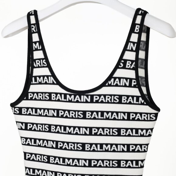 Balmain Black & White Knit All-Over Logo-Stripe Bodysuit - Picture 4 of 9